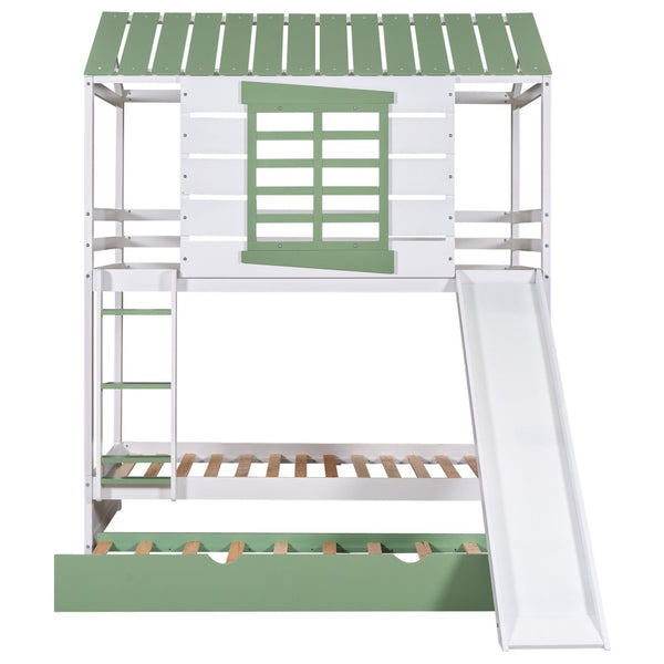 English Elm Twin House Bunk Bed With Convertible Slide & Trundle – Space-Saving Adventure In White & Green! GX000538AAK-1-GIGA
