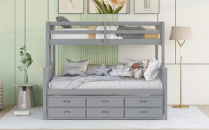 English Elm Twin-over-full Bunk Bed Separable Pine Frame with Trundle and Storage Drawers Gray LT000501AAE