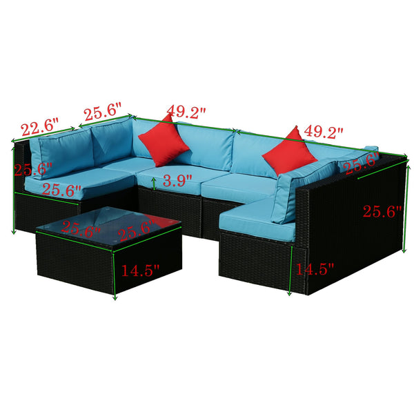 English Elm 5 PE Rattan Sectional Outdoor Sofa Set with 2 Loveseats 2 Armless Seats Table Cushions Pillows Black+Blue W329S00014