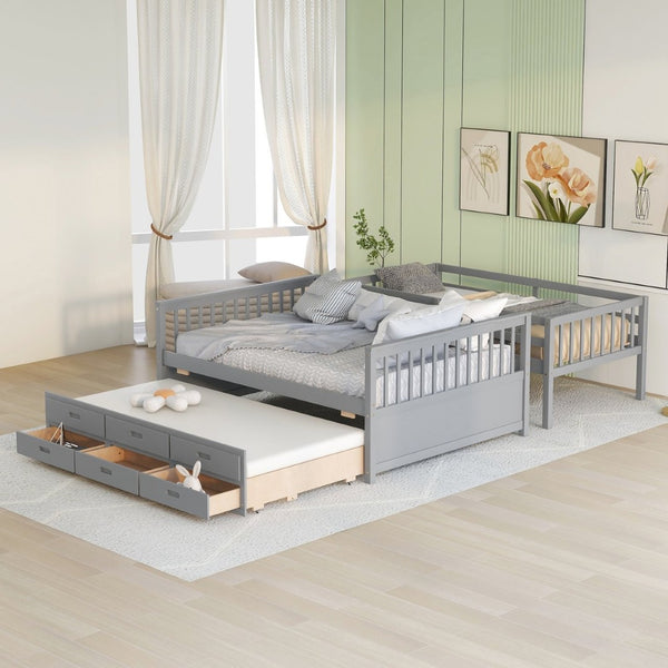 English Elm Twin-over-full Bunk Bed Separable Pine Frame with Trundle and Storage Drawers Gray LT000501AAE