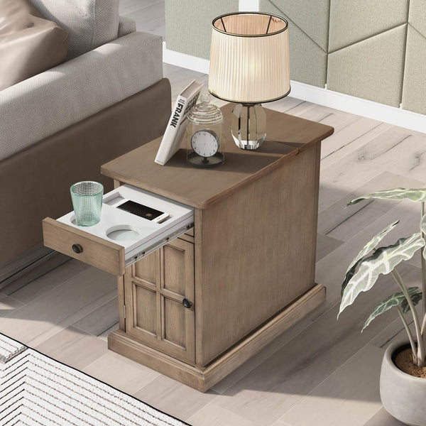 English Elm U-can Antique Brown Wood End Table with Usb Charging Drawer and Built-in Cup Holders N724P185778D