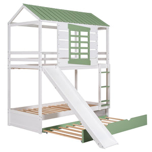 English Elm Twin House Bunk Bed With Convertible Slide & Trundle - White & Green, Perfect For Kids’ Rooms! GX000538AAK-GIGA