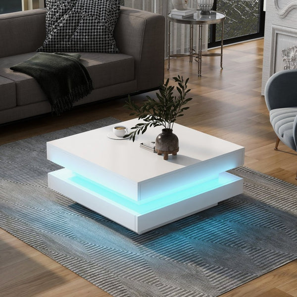 English Elm On-trend Two Tier Square Coffee Table with Led Underlighting High Gloss Modern Living Room White WF295997AAK