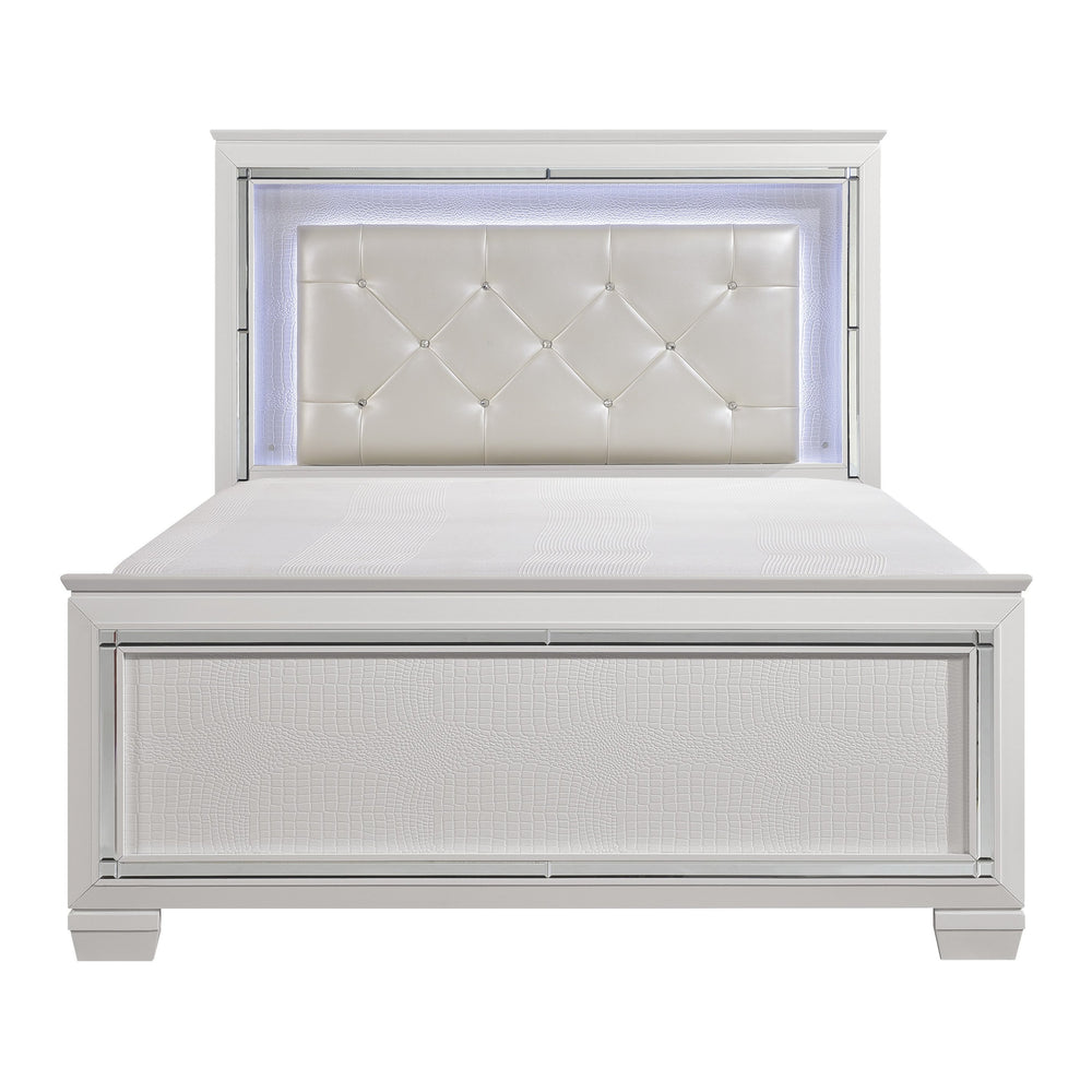 English Elm Glamorous Allura Queen Bed with LED Tufted Pearl Headboard, Faux Alligator Panels & Mirrored Trim B011S00223
