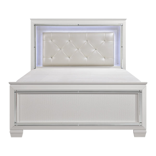 English Elm Glamorous Allura Queen Bed with LED Tufted Pearl Headboard, Faux Alligator Panels & Mirrored Trim B011S00223