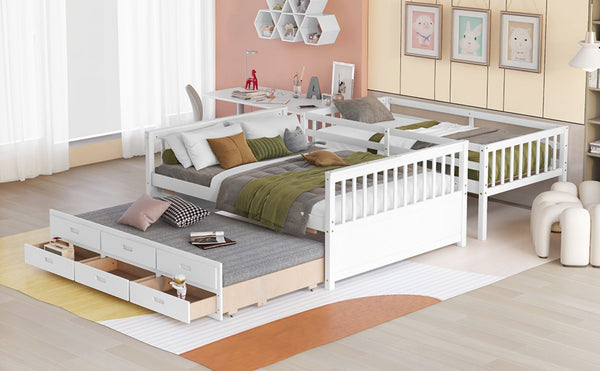 English Elm Twin-over-full Bunk Bed Separable Pine Frame with Trundle and Storage Drawers White LT000501AAK