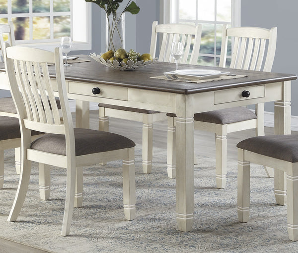 English Elm Antique White Finish 7Pc Dining Set With 6 Upholstered Chairs, Rustic Table & Storage Drawers B011S00224