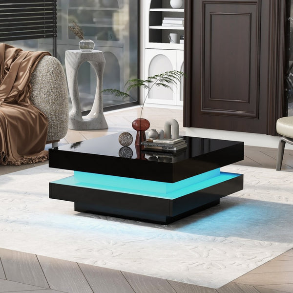 English Elm On-trend Two Tier Square Coffee Table with Led Underlighting High Gloss Modern Living Room Black WF295997AAB
