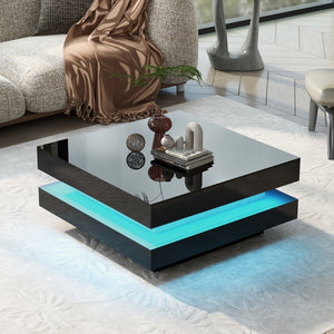 English Elm On-trend Two Tier Square Coffee Table with Led Underlighting High Gloss Modern Living Room Black WF295997AAB