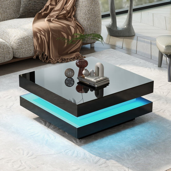 English Elm On-trend Two Tier Square Coffee Table with Led Underlighting High Gloss Modern Living Room Black WF295997AAB