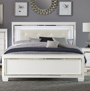 English Elm Glamorous Allura Queen Bed with LED Tufted Pearl Headboard, Faux Alligator Panels & Mirrored Trim B011S00223