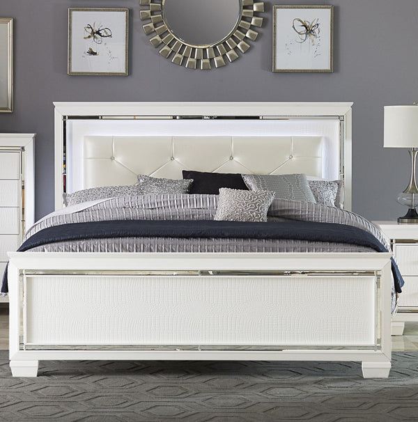 English Elm Glamorous Allura Queen Bed with LED Tufted Pearl Headboard, Faux Alligator Panels & Mirrored Trim B011S00223