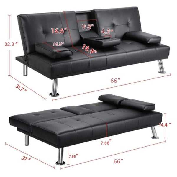 English Elm Mega Convertible Faux Leather Futon Sofa Bed with Cup Holders for Modern Living W97543712