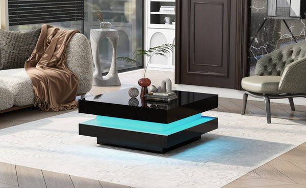 English Elm On-trend Two Tier Square Coffee Table with Led Underlighting High Gloss Modern Living Room Black WF295997AAB