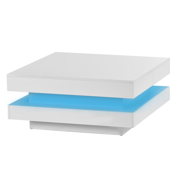 English Elm On-trend Two Tier Square Coffee Table with Led Underlighting High Gloss Modern Living Room White WF295997AAK