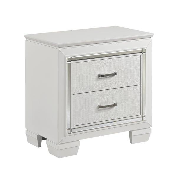 English Elm Glamorous Allura Nightstand White Finish with LED Backlight, Faux Alligator Embossed Drawers & Crystal Hardware B01165196