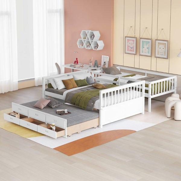 English Elm Twin-over-full Bunk Bed Separable Pine Frame with Trundle and Storage Drawers White LT000501AAK