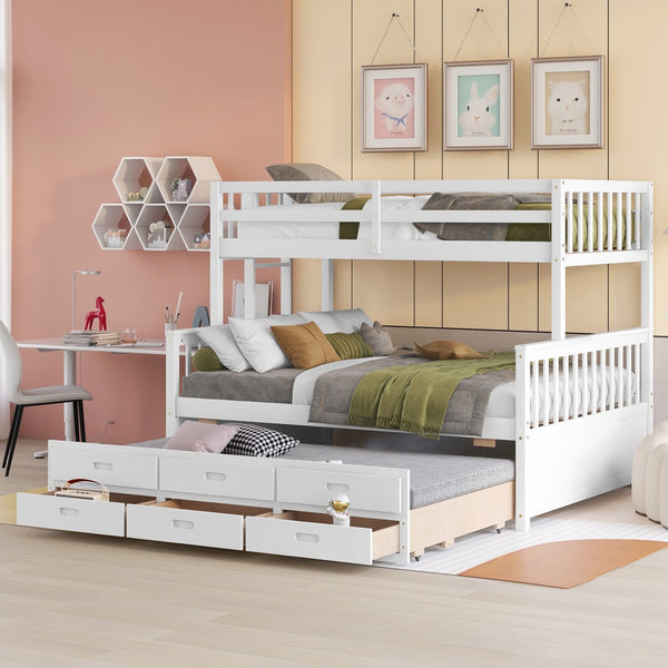 English Elm Twin-over-full Bunk Bed Separable Pine Frame with Trundle and Storage Drawers White LT000501AAK