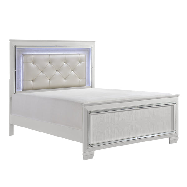 English Elm Glamorous Allura Queen Bed with LED Tufted Pearl Headboard, Faux Alligator Panels & Mirrored Trim B011S00223