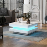 English Elm High Gloss Minimalist Design With Led Lights, 2-Tier Square Coffee Table, Center Table For Living Room, 31.5''X31.5''X14.2'', White