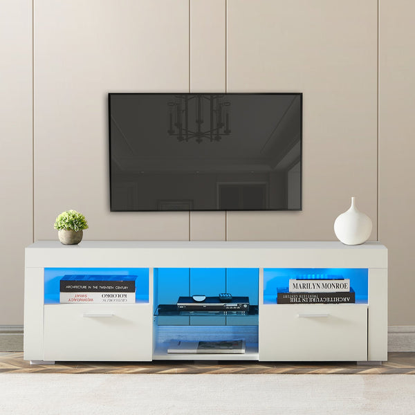 English Elm White Modern TV Stand with 16-Color LED Bloom Panels, High-Gloss UV Finish, Stylish Storage for Living Spaces W67936012