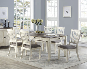 English Elm Antique White Finish 7Pc Dining Set With 6 Upholstered Chairs, Rustic Table & Storage Drawers B011S00224