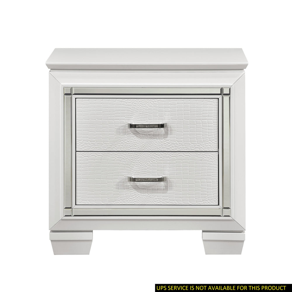 English Elm Glamorous Allura Nightstand White Finish with LED Backlight, Faux Alligator Embossed Drawers & Crystal Hardware B01165196