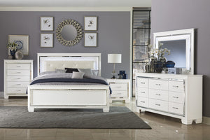 English Elm Glamorous Allura Queen Bed with LED Tufted Pearl Headboard, Faux Alligator Panels & Mirrored Trim B011S00223