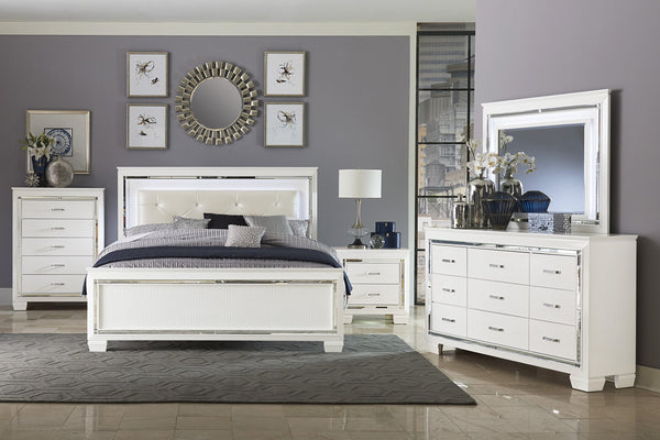 English Elm Glamorous Allura Queen Bed with LED Tufted Pearl Headboard, Faux Alligator Panels & Mirrored Trim B011S00223