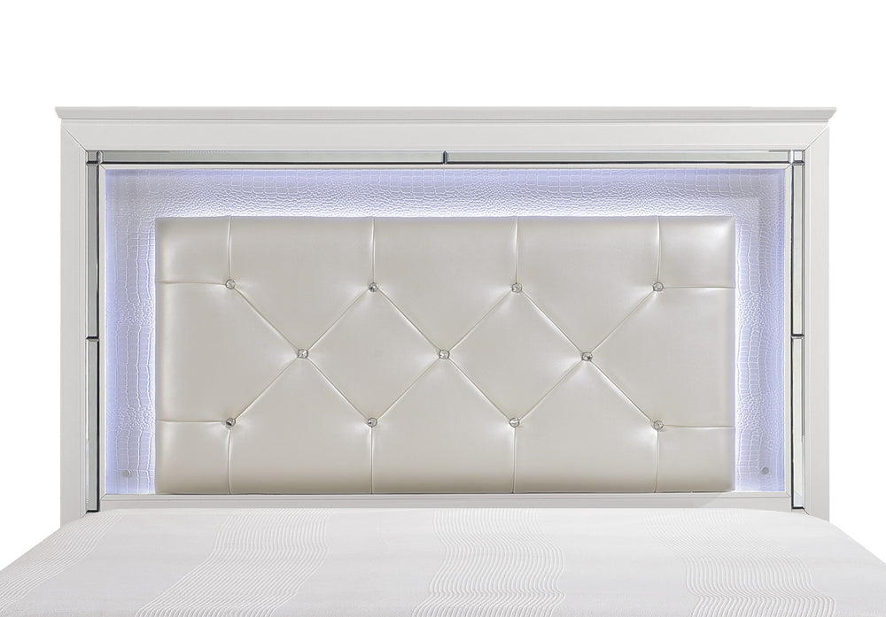 English Elm Glamorous Allura Queen Bed with LED Tufted Pearl Headboard, Faux Alligator Panels & Mirrored Trim B011S00223