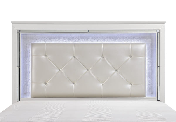 English Elm Glamorous Allura Queen Bed with LED Tufted Pearl Headboard, Faux Alligator Panels & Mirrored Trim B011S00223