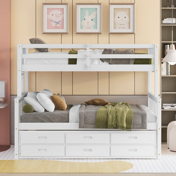 English Elm Twin-over-full Bunk Bed Separable Pine Frame with Trundle and Storage Drawers White LT000501AAK