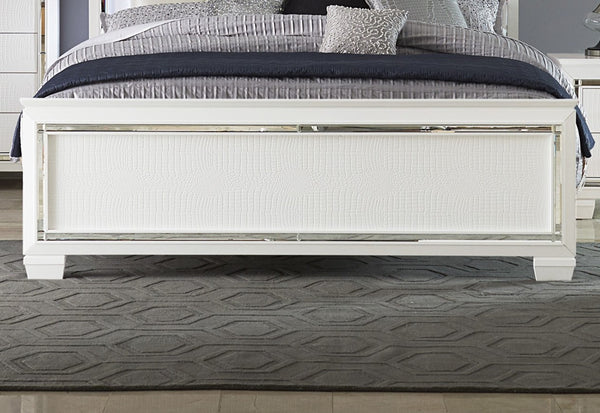 English Elm Glamorous Allura Queen Bed with LED Tufted Pearl Headboard, Faux Alligator Panels & Mirrored Trim B011S00223