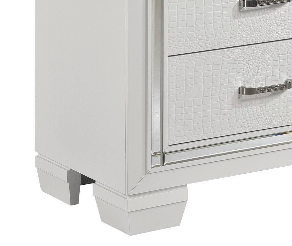 English Elm Glamorous Allura Nightstand White Finish with LED Backlight, Faux Alligator Embossed Drawers & Crystal Hardware B01165196
