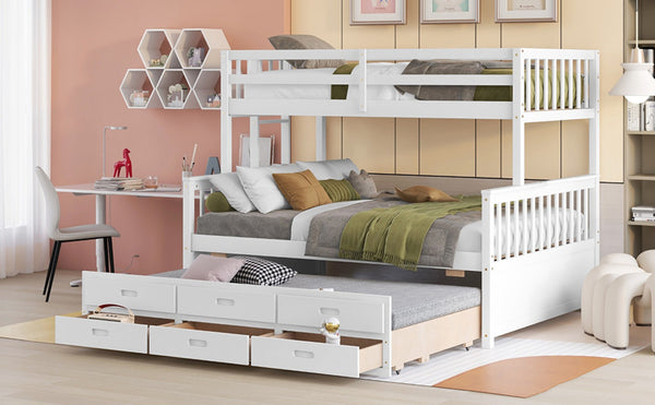 English Elm Twin-over-full Bunk Bed Separable Pine Frame with Trundle and Storage Drawers White LT000501AAK