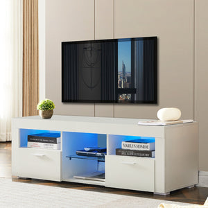 English Elm White Modern TV Stand with 16-Color LED Bloom Panels, High-Gloss UV Finish, Stylish Storage for Living Spaces W67936012