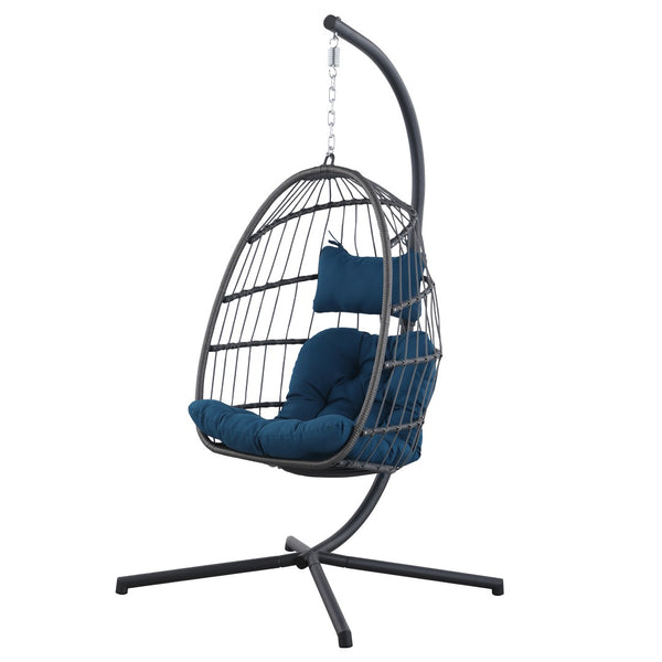 English Elm Outdoor Hanging Egg Chair Swing With Dark Blue Cushion | Uv Resistant Wicker & Sturdy Aluminum Frame W34965368-GIGA