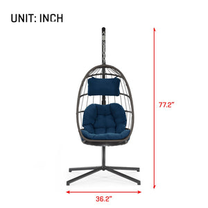 English Elm Outdoor Hanging Egg Chair Swing With Dark Blue Cushion | Uv Resistant Wicker & Sturdy Aluminum Frame W34965368-GIGA