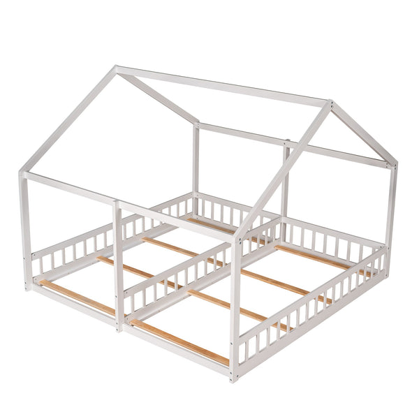 English Elm Twin House Platform Bed with Guardrails & Playful Roof Window Design Ideal for Shared Rooms and Safety White WF296300AAK