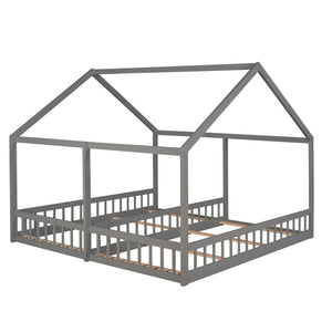 English Elm Twin House Platform Bed with Guardrails & Playful Roof Window Design Ideal for Shared Rooms and Safety Gray WF296300AAE