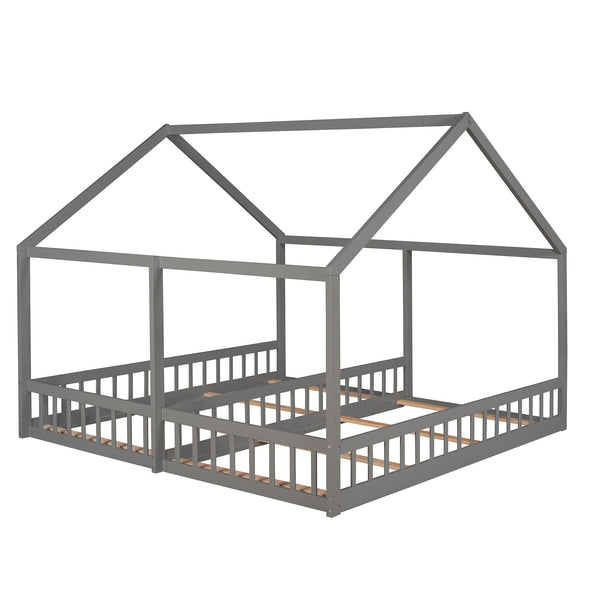 English Elm Twin House Platform Bed with Guardrails & Playful Roof Window Design Ideal for Shared Rooms and Safety Gray WF296300AAE