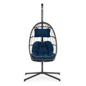 English Elm Outdoor Hanging Egg Chair Swing With Dark Blue Cushion | Uv Resistant Wicker & Sturdy Aluminum Frame W34965368-GIGA