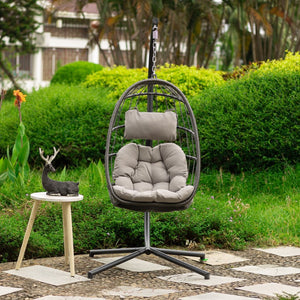 English Elm Outdoor Wicker Hanging Egg Chair With Plush Grey Cushion – Uv Resistant & Modern Aluminum Frame W34965361-GIGA