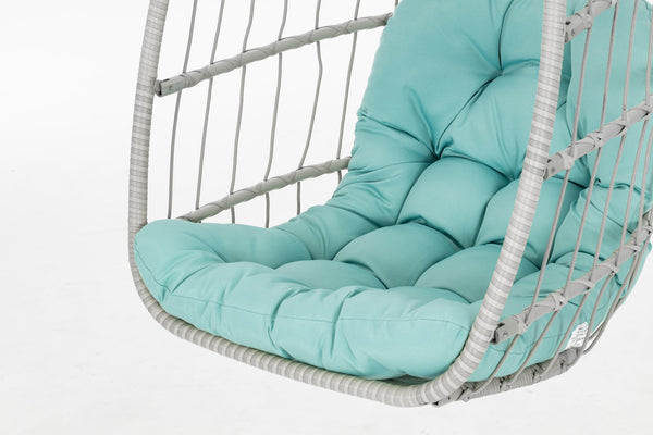 English Elm outdoor Egg Wicker Hanging Chair with Aluminum Frame, UV-Resistant Rattan, Blue Cushion, Sturdy Stand W34965371
