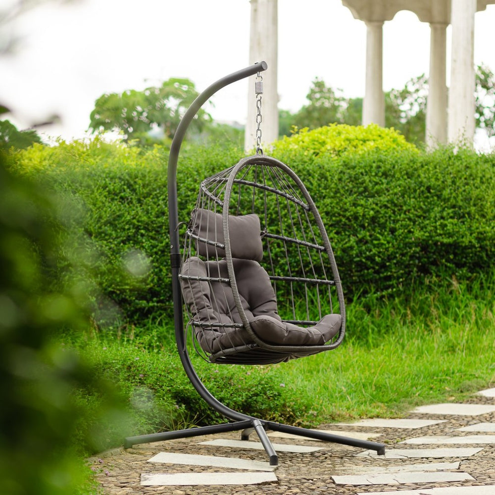 English Elm Outdoor Wicker Egg Swing Chair with Steel Stand Uv Resistant Cushion Patio Lounge W34965367