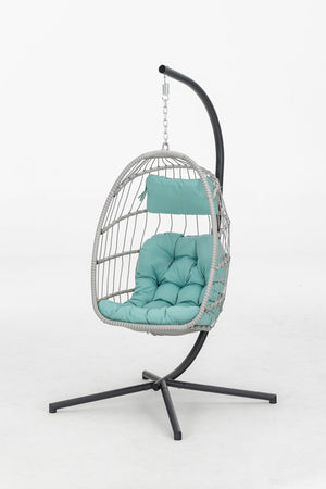 English Elm outdoor Egg Wicker Hanging Chair with Aluminum Frame, UV-Resistant Rattan, Blue Cushion, Sturdy Stand W34965371