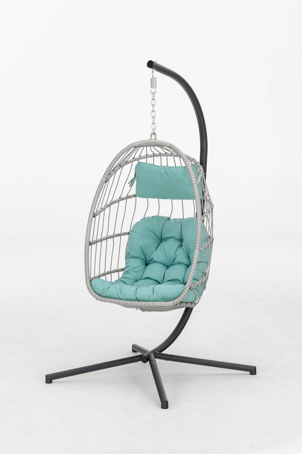 English Elm outdoor Egg Wicker Hanging Chair with Aluminum Frame, UV-Resistant Rattan, Blue Cushion, Sturdy Stand W34965371
