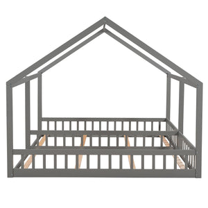 English Elm Twin House Platform Bed with Guardrails & Playful Roof Window Design Ideal for Shared Rooms and Safety Gray WF296300AAE