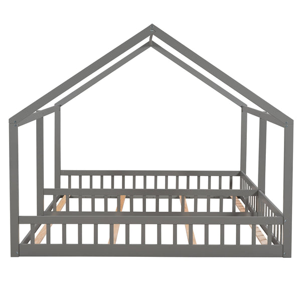 English Elm Twin House Platform Bed with Guardrails & Playful Roof Window Design Ideal for Shared Rooms and Safety Gray WF296300AAE