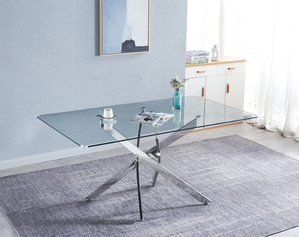 English Elm Rectangular Tempered Glass Dining Table Seats Six with Chrome Nest Base Modern Style W1241S00105